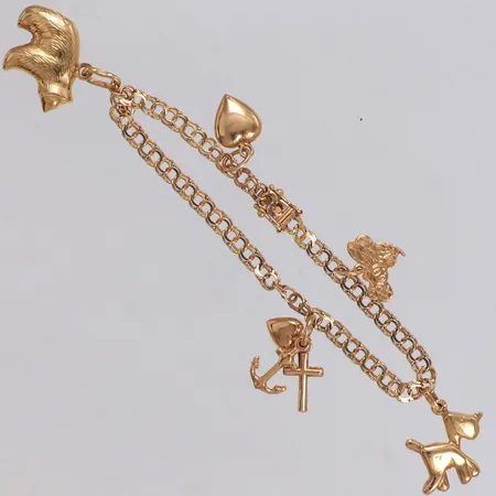 Armband Bismarck med fem berlocker, längd 16,5cm, bredd 3,6mm, BEH Bengt Hallberg Guldsmeds AB Köping 1963, 18K Vikt: 9,3 g