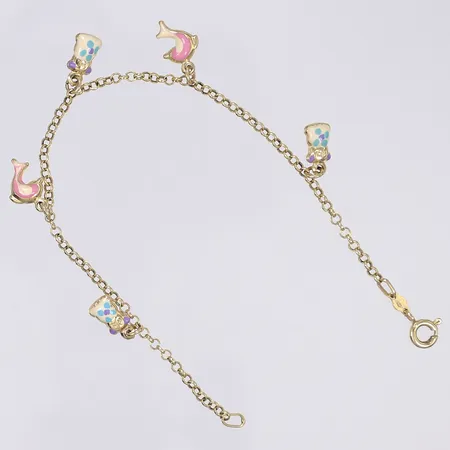 Armband med fem berlocker med emaljdekor längd 18cm bredd 2mm 14K Vikt: 4,1 g
