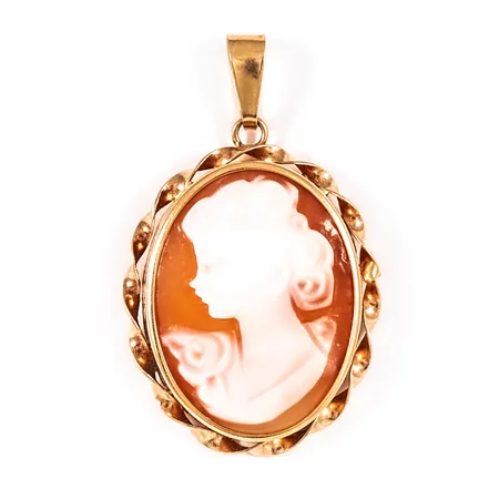 Hänge camé i 18K guld. Det är 30 mm långt inkl. ögla och väger 2,2g.