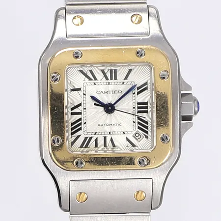 Damur Cartier Santos, Ø24mm, automat, datum, guld/stål, ref 2423, serienummer 615135CE, repig, bruksslitage, armband ca 14,5cm, 3 extra länkbitar, box, ej cert eller ytterkartong
