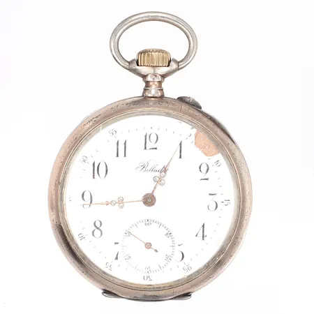 Fickur Billodes, Ø50mm, skadad urtavla, innerboett i metall, boett silver 800/1000 Bruttovikt: 101,3g