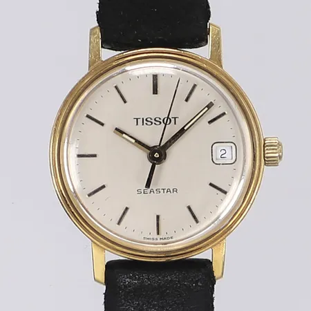 Damur Tissot Seastar, Ø22mm, quartz, datum, boett 14K, tjänstegravyr, repig, går ej, slitet läderband