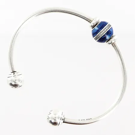 Stelt armband Pandora, 60x45mm, bredd 3-11mm, berlock med vita stenar och blå emalj, ALE, silver 925/1000. Vikt: 13,5 g