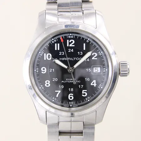 Herrur Hamilton Khaki, stål, automatisk, ref-nr: H704450, verk-nr: C07611, Ø38mm, datum, safirglas, stållänk, glasbaksida, boett med två mindre stötskador samt mindre repor, länk med mindre repor, bruksslitage, inga tillbehör