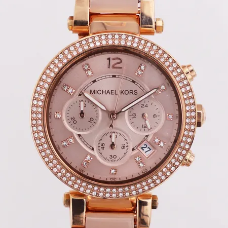 Damur Michael Kors Parker, kronograf, roséfärgad stål, vita stenar, quartz, Ø40mm, refnr: MK-5896, snr: 111411, roséfärgad stål/plastband, ca 19,5cm, fint skick, box