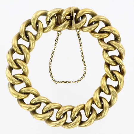 Armband ihåligt med förgyllning, 20,5cm, bredd 15mm, ostämplat, troligtvis silver, gravyr på lås Vikt: 30,9 g