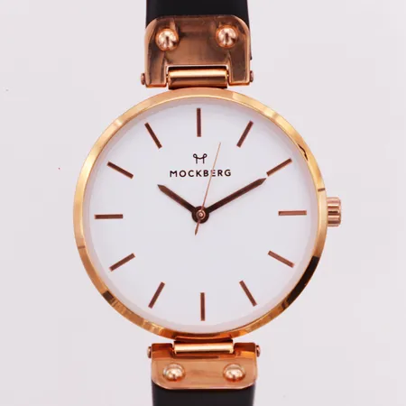 Armbandsur Mockberg, roséfärgat stål, quartz, Ø34mm, läderband, fint skick, batteribyte, inga tillbehör