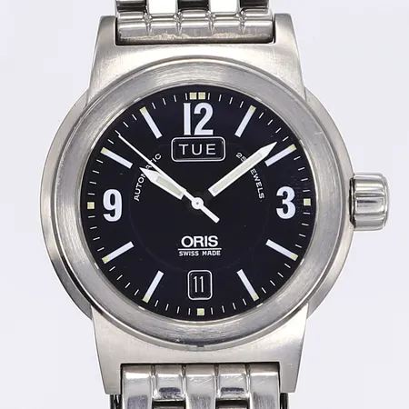 Herrur Oris 7500 BC3, Ø40mm, automat, dag/datum, serienummer 20.17339, stål, stållänk, bruksslitage, dag och datum byter mellan kl 03-06, box, cert, 2 extra länkbitar