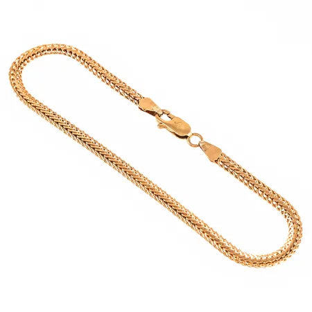 Armband rävsvans i 18K guld. Det är 20,3 cm långt, 3,1 mm brett och väger 5,3g. Karbinhake. 