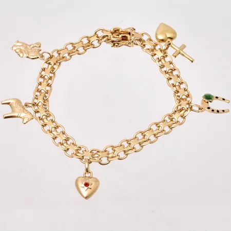 Armband i 18K guld, 19cm, X-länk, bredd 6,8mm, 5st berlocker, tillverkad av Brofod Aktiebolaget, år 1963, vikt 17,57g.