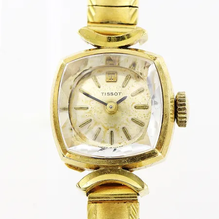 Damur Tissot, 18K, manuell, 16x16mm, länk 18K, 16cm, anfrätt urtavla, länk med skevheter, i behov av service, bruttovikt 23,1g, inga tillbehör.