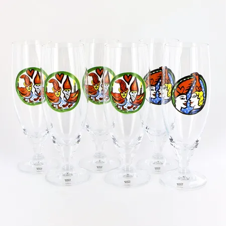 6 ölglas Kosta Boda, Ulrica Hydman-Vallien, höjd ca 21,cm,  Skickas med postpaket.