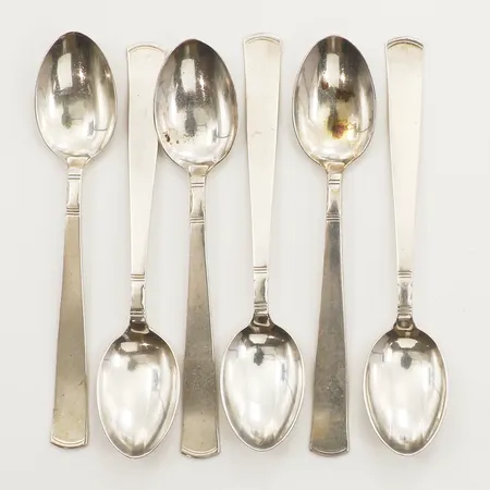 Sex kaffeskedar Rosenholm, längd ca 11cm, GAB, år 1951, 830/1000 silver Vikt: 68,9 g