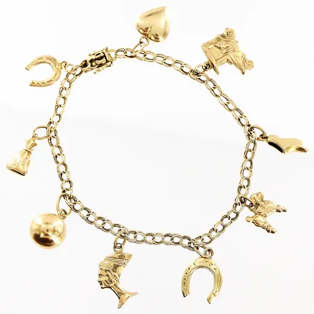 Armband Bismarck med berlocker, 18,5cm, bredd 3,4mm, skeva länkbitar, slitage, 18K.  Vikt: 10,5 g