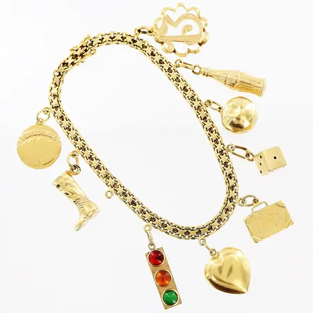 Armband, X-länk, 18,5cm, bredd 4mm, 9 berlocker, 1 extra ögla för berlock, bucklor, 18K. Vikt: 19,7 g