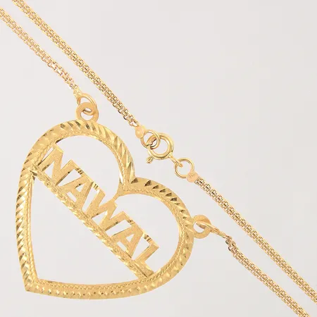 Collier med integrerat hänge, namn, hjärta, längd: 45cm, bredd: 1,8-38mm, 21K Vikt: 7,5 g