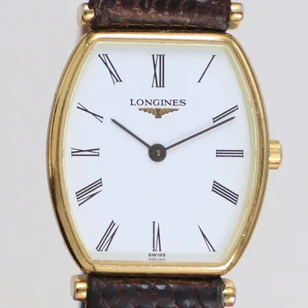 Damur Longines La Grande Classique de Longines, quartz, doublé, 22x24mm, refnr L4 205 2, serienr 30196099, går ej, behov av batteribyte, slitet läderarmband ej original, inga tillbehör.