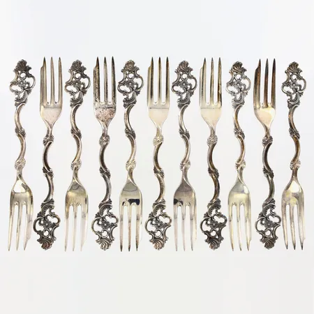 11 efterrättsgafflar modell Oldemor av TH Marthinsen, 14,5cm, silver 830/1000 Vikt: 189,2 g