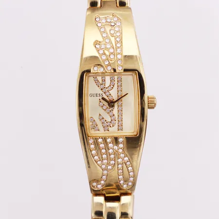 Damur Guess, miniautograf, gulfärgat stål, vita stenar, quartz, 18 x 47mm, snr: W11136, gulfärgat stålband, ca 18cm, fint skick, inga tillbehör