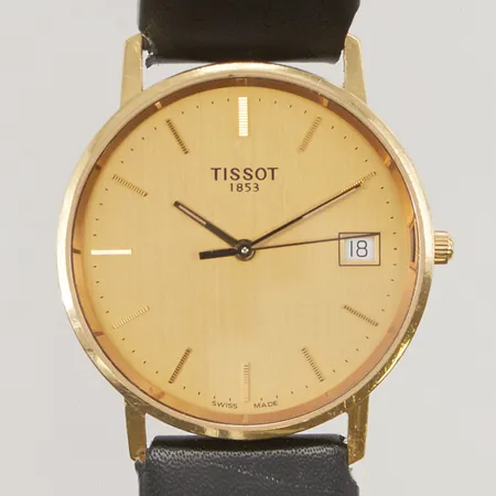 Herrur Tissot 18K, 33,5mm, quartz, läderband, gravyr.