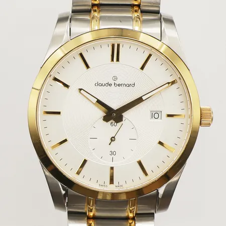 Armbandsur Claude Bernard, quartz, Ø 42mm, datum, referensnr: 65002, serienr: 850013, guldtonad/ stål, innermått inklusive ur ca 18cm, batteribyte krävs, bruksskick, repig boett och länk