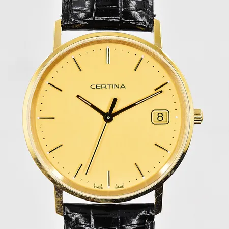 Herrur Certina, 18K, Ø 33,5mm, quartz, datum, graverad boett, läderband, box