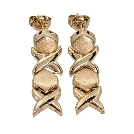 Örhängen, 14K guld, längd 26 mm, bredd 8 mm, originalploppar, små ojämnheter sannolikt från tillverkning Vikt: 3,2 g