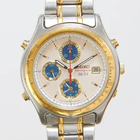 Armbandsur Seiko Chronograph SQ50, stål, quartz, 40mm, refnr 7T32-6G50, snr 5D2413, safirglas, datum, stållänk, viklås, repor på länkar, boett samt glas, inga tillbehör.