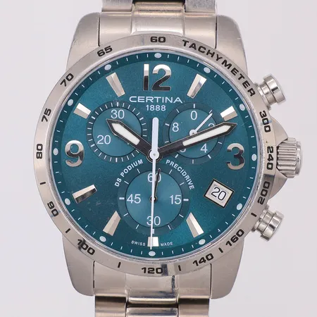 Herrur Certina DS Podium Precidrive ca Ø41mm, quartz, datum, kronograf, stål, safirglas, referensnummer: C034417A, viklås extra länkar, kvitto 2020, box, låda, påse