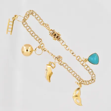 Armband Bismarck, 5 berlocker, 19cm, bredd 4mm, klämd länk, defekta öglor, 18K Vikt: 9,1 g