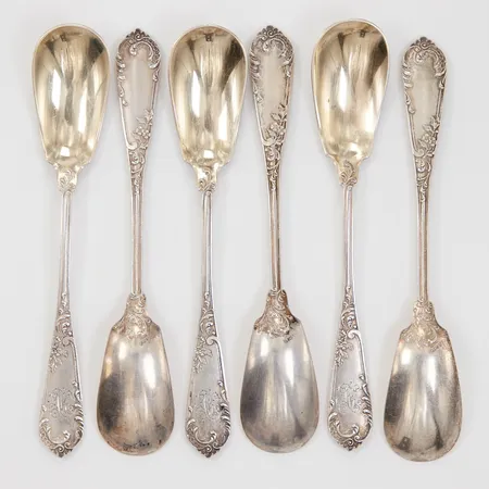 6 Skedar 13,8cm, blomdekor, 800/1000 silver,  Vikt: 147,3 g