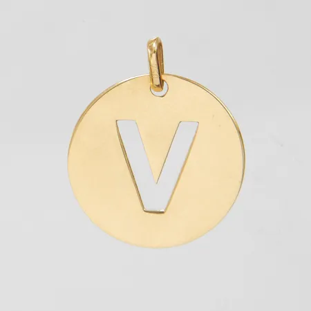 Hänge rondell med bokstaven V utstansad, 20x16,1mm, 18K Vikt: 0,8 g