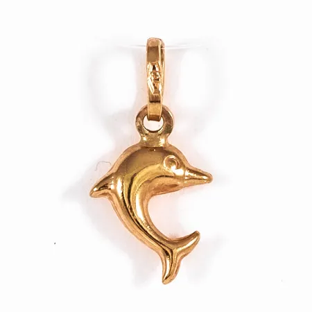Hänge Delfin i 18K guld. Det är 8 mm brett, 15 mm långt inkl. ögla och väger 0,3g.