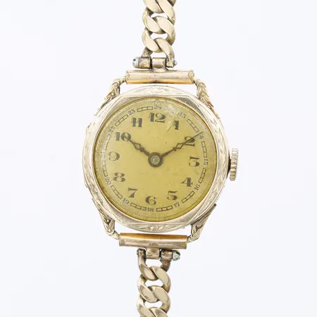 Damur, manuell, Ø21mm, plexiglas, boett i 14K guld, gravyr, länk i doublé, går ej, bruksslitage/repor, spricka i glas, 14K guld, bruttovikt: 14,2g.