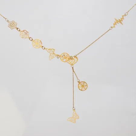 Collier med genombruten dekor, längd 42,5-45cm, bredd 0,5-70mm, 21K Vikt: 3,9 g