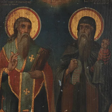 Ikon, tempera på pannå, Ryska kulturområdet, 1800-talets andra hälft, ca33x25cm, slitage, sprickor, färgbortfall, krackelyr.