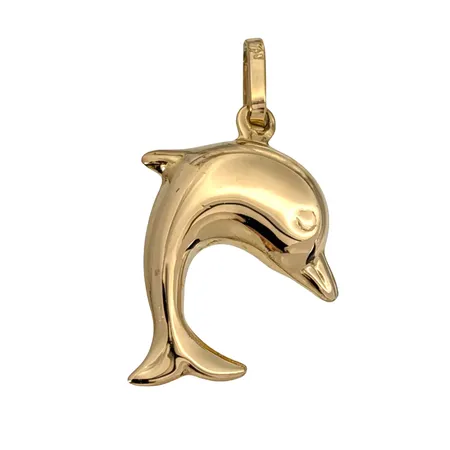 Hänge Delfin, 18K guld, Guldfynd (GFAB), längd inkl. ögla 24 mm, bredd 13 mm, tjocklek 4,5 mm, fint skick Vikt: 0,8 g