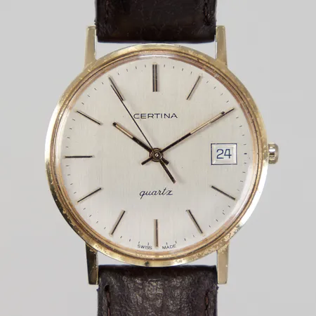 Herrur Certina Ø 33,5mm, quartz, datum, 115.3810.65, läderband slitet ej original, behov av batteribyte, repigt glas, 14K, Bruttovikt inklusive band: 29,3g