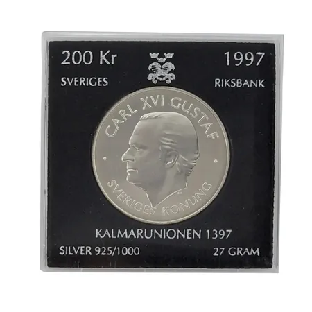 Minnesmynt 200 kronor, silver 925/1000, "KALMARUNIONEN 1397", 1997, Ø36 mm, förvaras i originaletui Vikt: 27 g