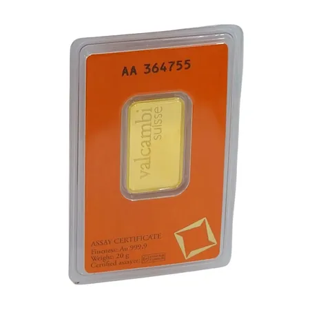 Guldtacka Valcambi 20g, 999/1000, bruten förpackning, serienummer AA 364755, fint skick, 