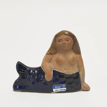 Figurin Sjöjungfru, Lisa Larson för Gustavsberg, höjd: 6,5cm, delvis glaserat stengods, etikettmärkt, stämpelmärkt, mindre svarta skavmärken
