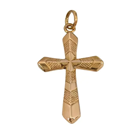 Hänge Kors, 18K guld, mönstrad större modell, tillverkarstämpel JDB, svensk kontrollstämpel, längd inkl. ögla 39 mm, bredd 20 mm, tjocklek 2,7 mm, fint skick Vikt: 1,8 g