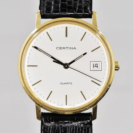 Herrur Certina, Ø 33,5mm, 14K, quartz, datum, står still, graverad boett, läderband slitet