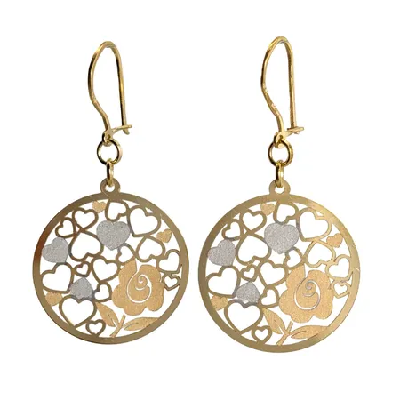 Örhängen, 18K guld, modell med hängande cirklar Ø 25 mm, dekor av Hjärtan och Rosor, total längd 49 mm, utrikisk finhaltstämpel Vikt: 3,7 g