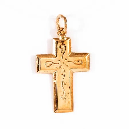 Hänge Kors i 18K guld. Det är 12 mm brett, 22 mm långt inkl. ögla och väger 0,5g. Ihålig baksida.