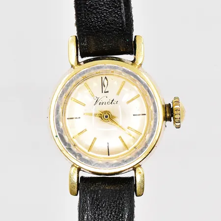 Damur Vinéta, Ø 16mm, 14K, fungerar ej, defekt krona, manuell, slitet läderband