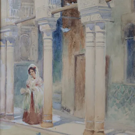 Tavla, Frans Wilhelm Odelmark, motiv från Alhambra, akvarell, signerad, bristfällig montering, glas saknas, bildyta c 53x33cm, ram med skador. Specialfrakt, kontakta pantbankskontoret för mer information.