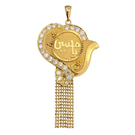 Hänge, 21K guld, vita stenar, längd inkl. ögla 62 mm, bredd 32 mm, fint skick, stenar utan anmärkning Vikt: 9,2 g