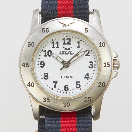 Armbandsur GUL stål/titan quartz 28,5mm tygband batteribyte repigt glas