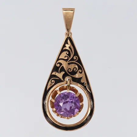 Hänge med dekor samt lila sten, 46x20,5mm ink ögla, 14K. Vikt: 6,1 g